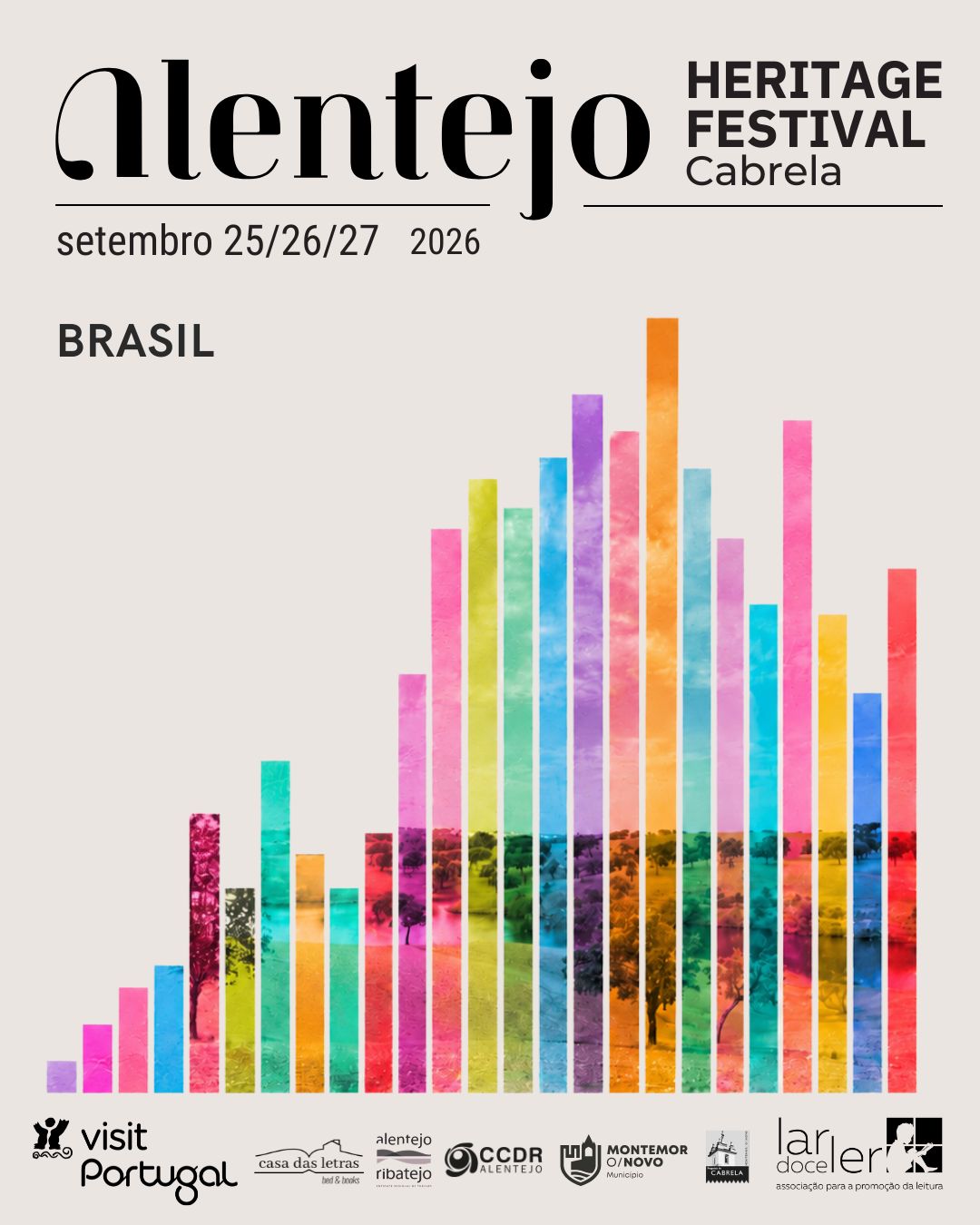 Cartaz oficial do Alentejo Heritage Festival 2026, em Cabrela, com o Brasil como país convidado.